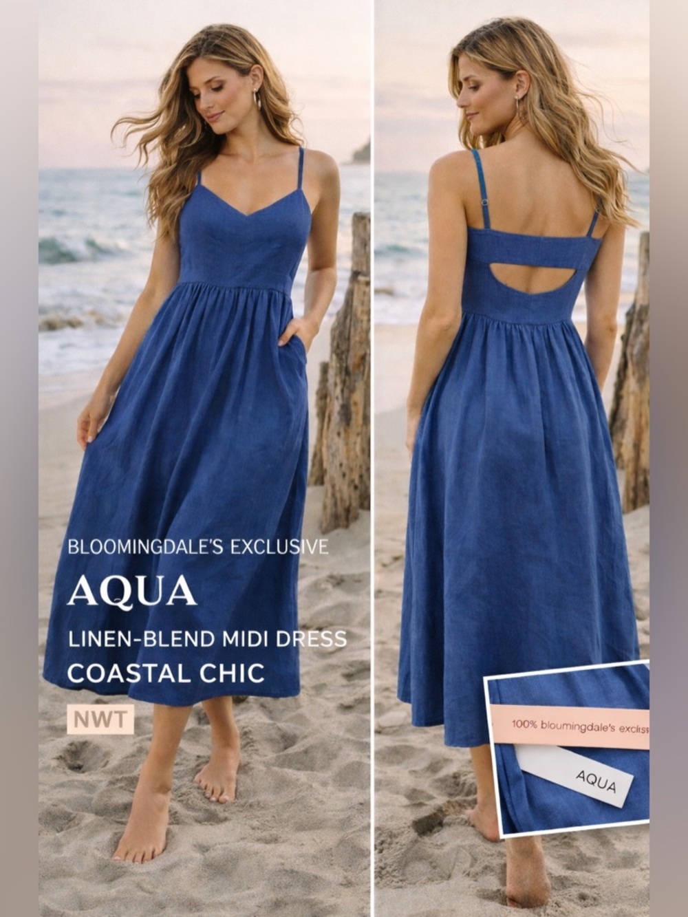 NWT AQUA Blue Midi Dress Linen Spaghetti Strap Coastal Summer Medium